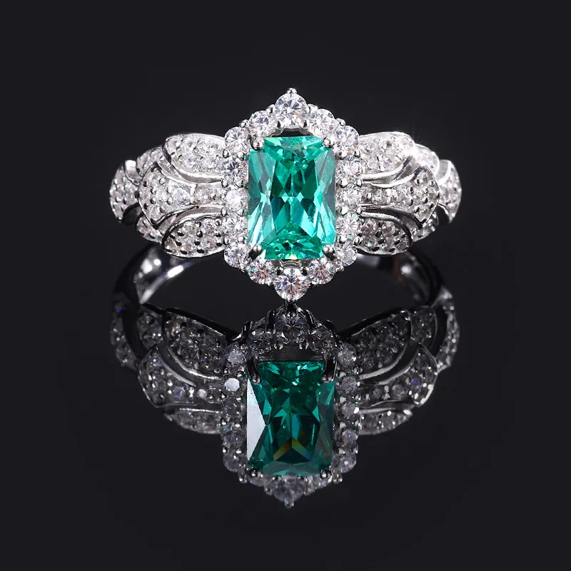 Jewelry S925 Silver simulation green tourmaline square 3 carat retro style ring main stone 5*7