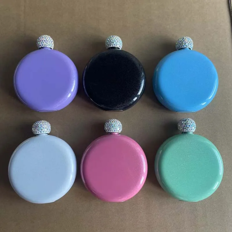 Wholesale Women Pocket Lovely Stainless Steel Alcohol Liquor Flask 5oz Glitter Round Hip Flask With Rhinestone Lid