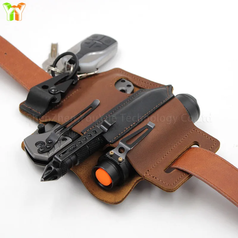 Stocked EDC Leather Sheath Cover Belt Sheath Pocket Organizer Flashlight Tools with Eagle Hook for Leatherman