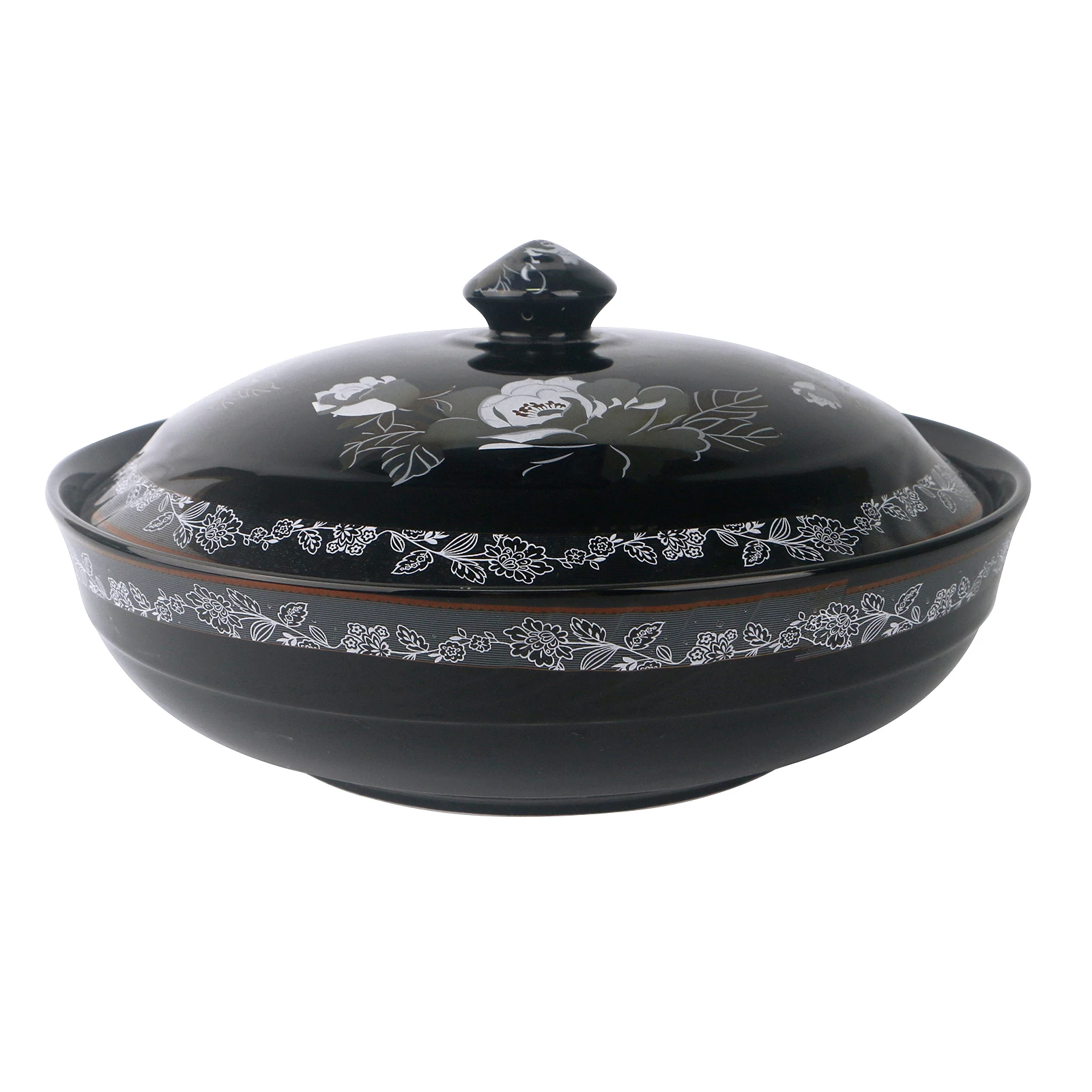 Black Color Rice Bowl With White Flower Pattern with Gold lid