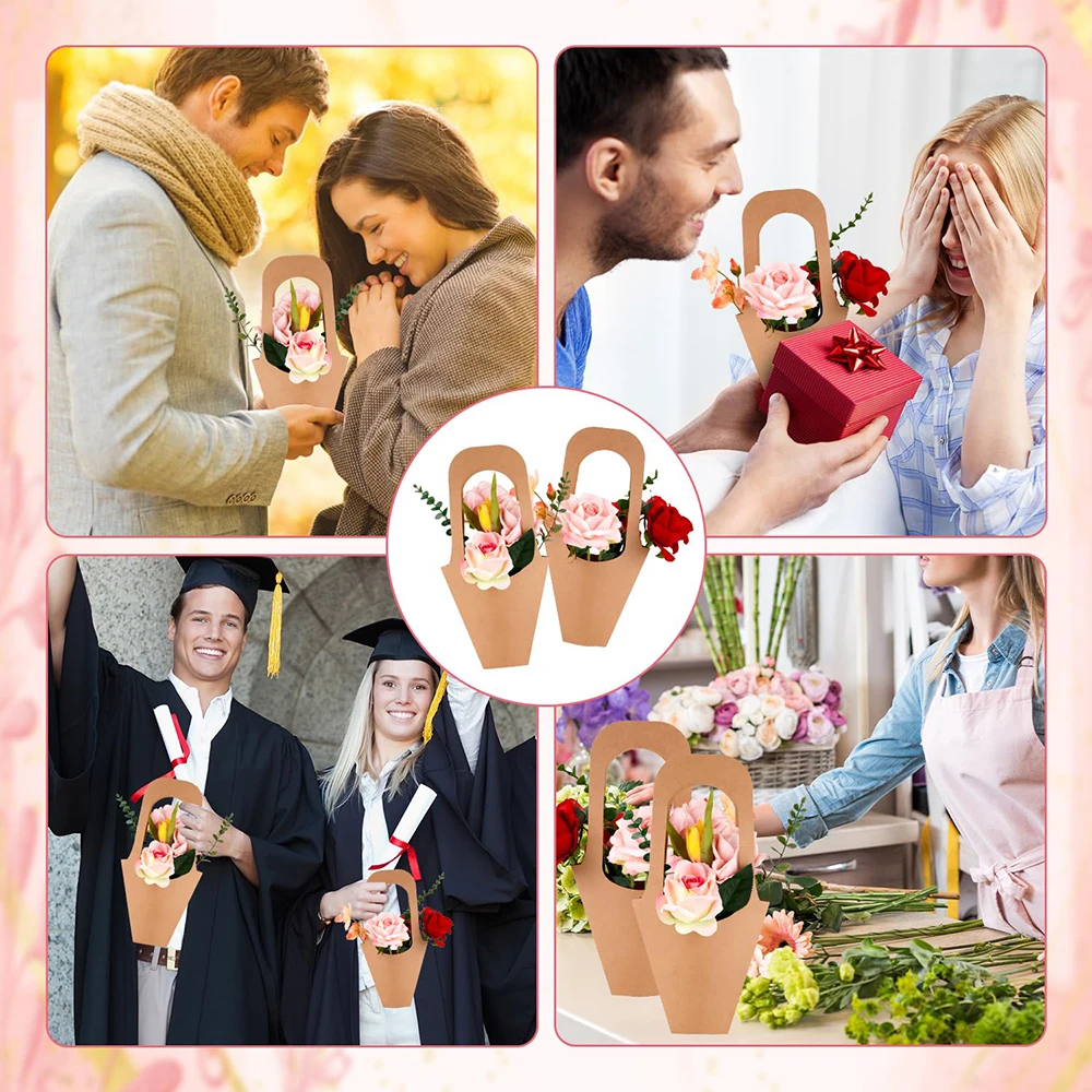 Custom Creative Kraft Paper Flower Bags Flowers Wrapping Gift Packaging Bouquet Flower Holder Paper Bag with Handle