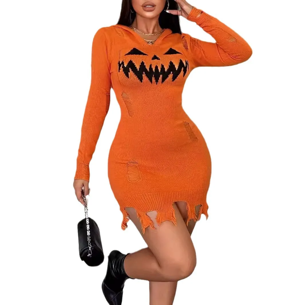 Sharee 2024 New Arrival Solid Color Halloween Dress Hooded Sweater Dress Fashion Dresses Women