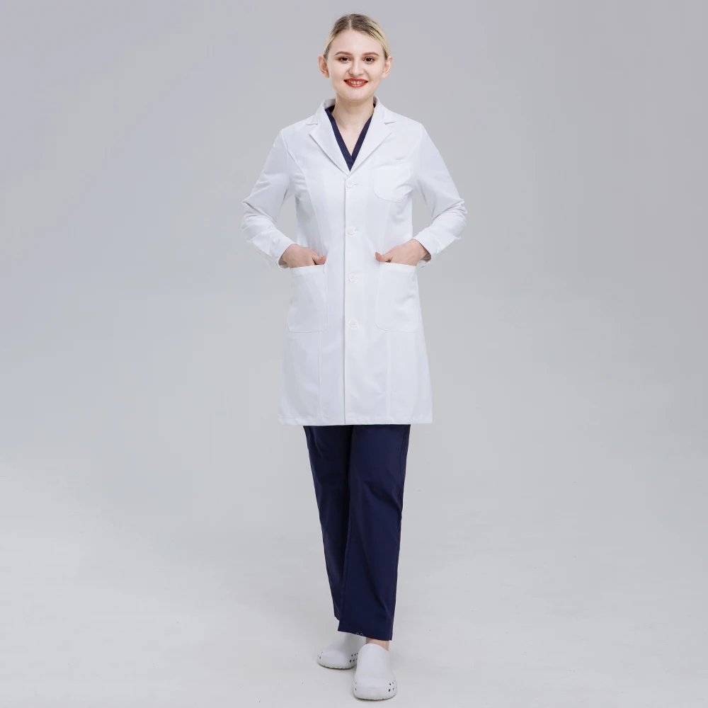 Custom LOGO Men And Women Medical Uniform White Lab Coat With Notch Collar Long Sleeve Doctor Gown Hospital Surgical Robe