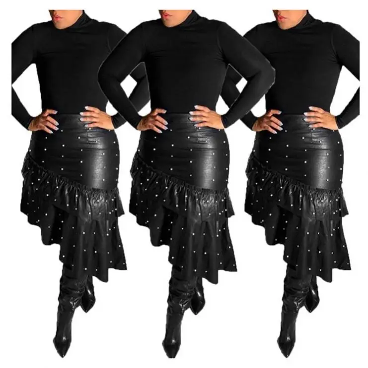 
New Style High Quality Fashion Tendency Elegance Asymmetric Beading Ruffles Women Leather Skirt For Women New Style High Quality Fashion Tendency Elegance Asymmetric Beading Ruffles Women Leather Skirt For Women