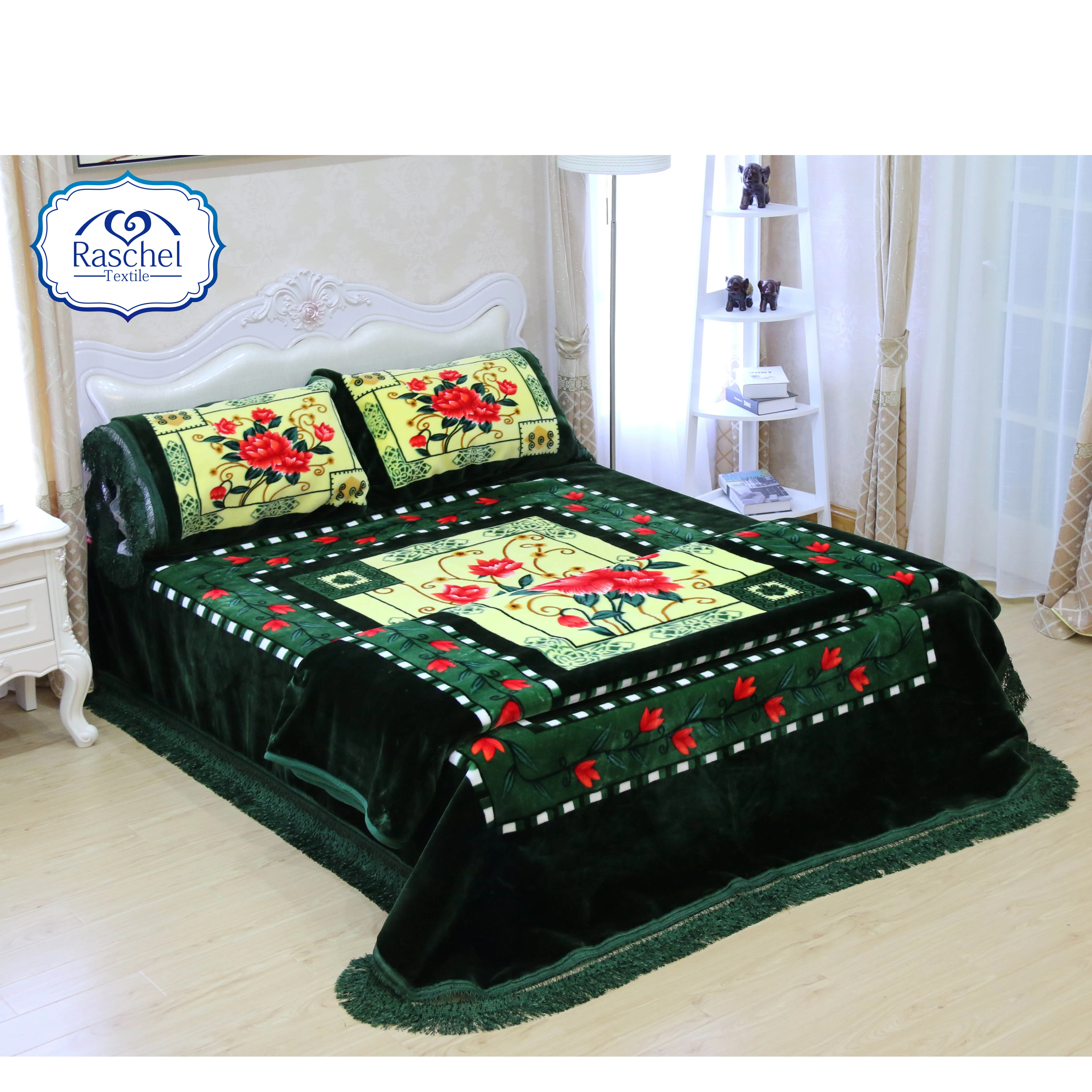 100% Polyester four pcs raschel blanket bedding set