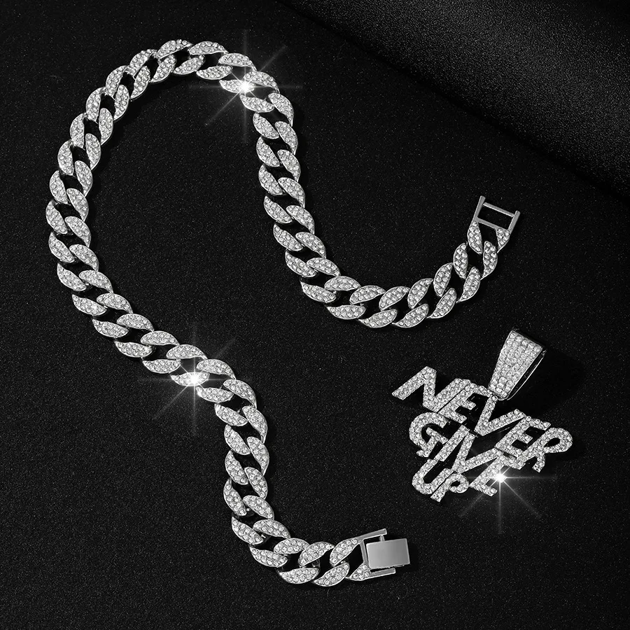 Cross border alloy letters NEVER GIVE UP Punk pendant necklace Hip hop full of diamonds beautiful Cuban chain necklace for men