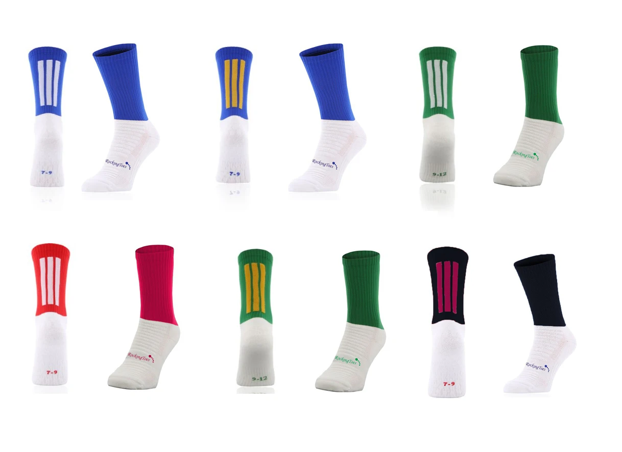 Rockingtoes GAA Blue Yellow Strip Custom Anti slip Non slip Non-slip Anti-slip Football Soccer Grip Sport Cotton Nylon Socks