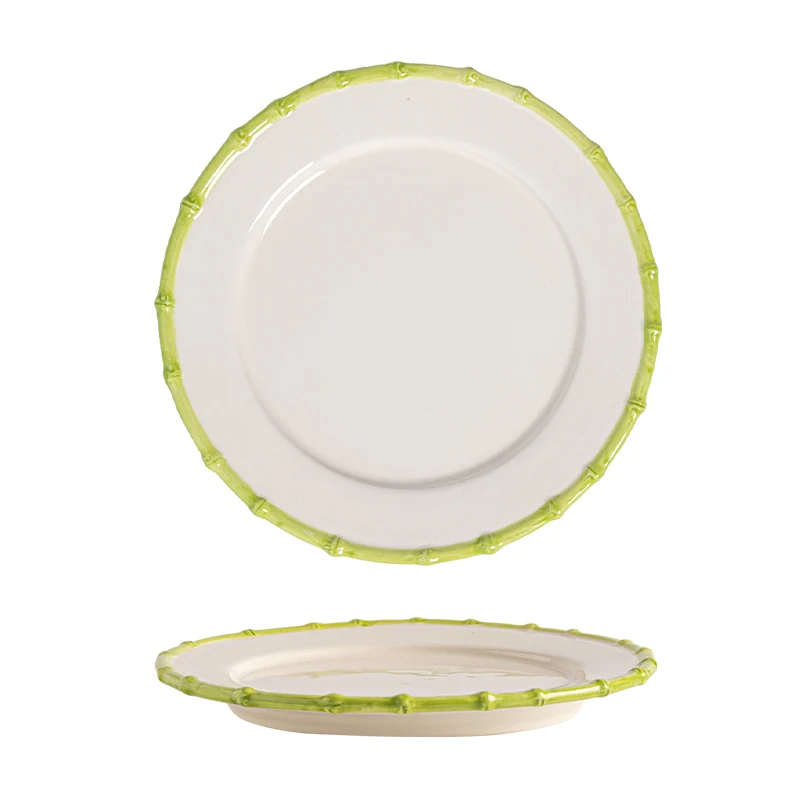 wedding event rental  dinnerware  round brown green pink ceramic porcelain dinner plate with bamboo rim
