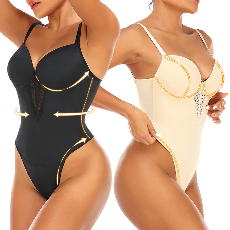 Plus Size Lace Embellished Bodysuit Deep V Body Control Shaper Tummy Slimming Thong Backless Shapewear Bodice Women