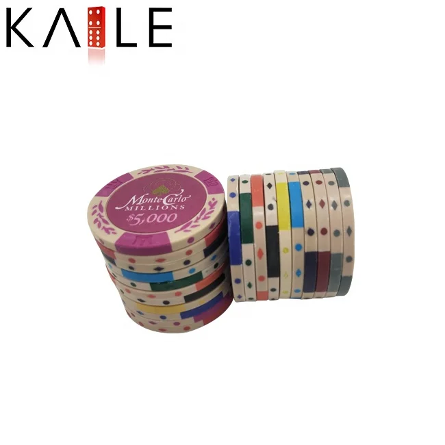 14g two tone clay poker chips monto carlo with unique factory custom colorful denominations stickers for gambling accessaries