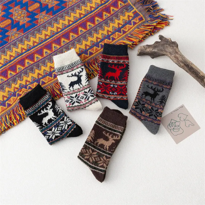 Retro style deer pattern thick warm rabbit wool thermal socks for women