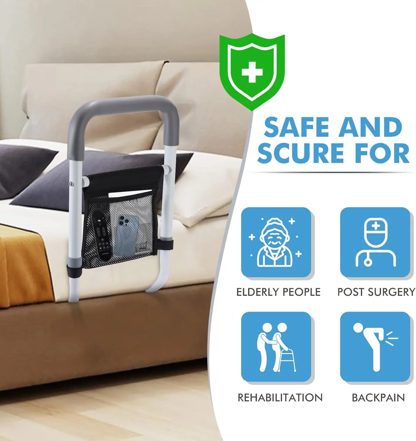 Bed Rails for Elderly Adults Safety Height Adjustable Bed Assist Rail for Seniors Bedside Grab Bar with Storage Pocket