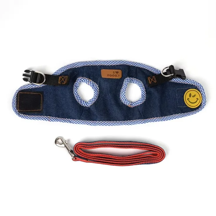 cute soft comfortable sky blue cowboy denim canvas jean style dog pet chest vest back harness with traction belt leashes set