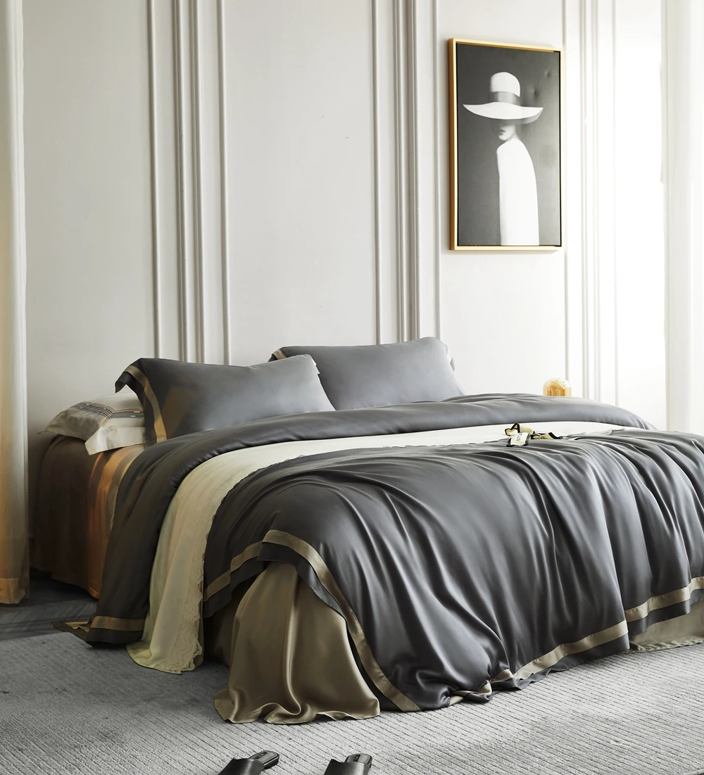 Hot Selling Luxury Organic 100% Bedsheet Tencel Lyocell Fiber Bedsheet Grey Pink Duvet Cover Bedding Set