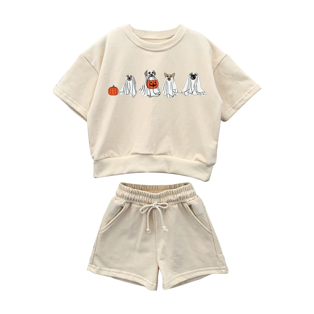 custom print Halloween baby clothes set short sleeve sweatshirt long pants set waffle short sets