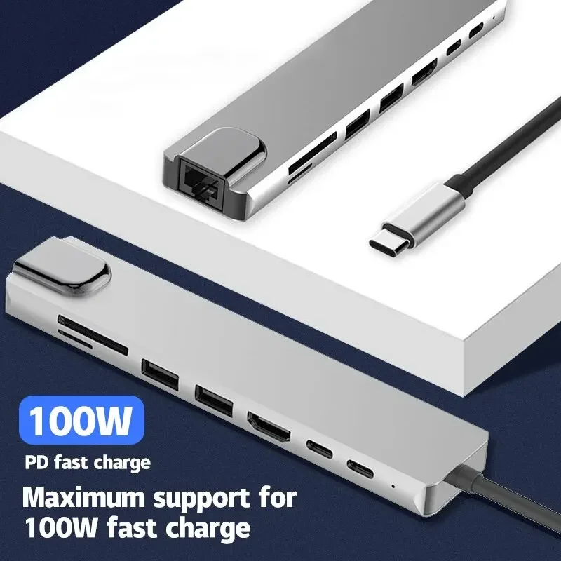 Type C to USB 8 in1 Hub HDMI 4K Adapter RJ45 Lan Ethernet TF SD Reader Docking Station 8 Ports USB C