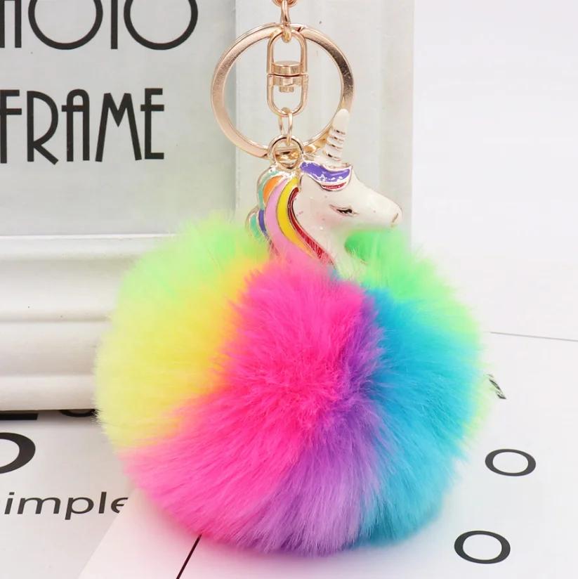 Lovely Unicorn Keychain Fluffy Unicorns Fur Keychain Pompom Rabbit Fur Artificial Keyring Women Car Bag Pendant BeadYS2-078