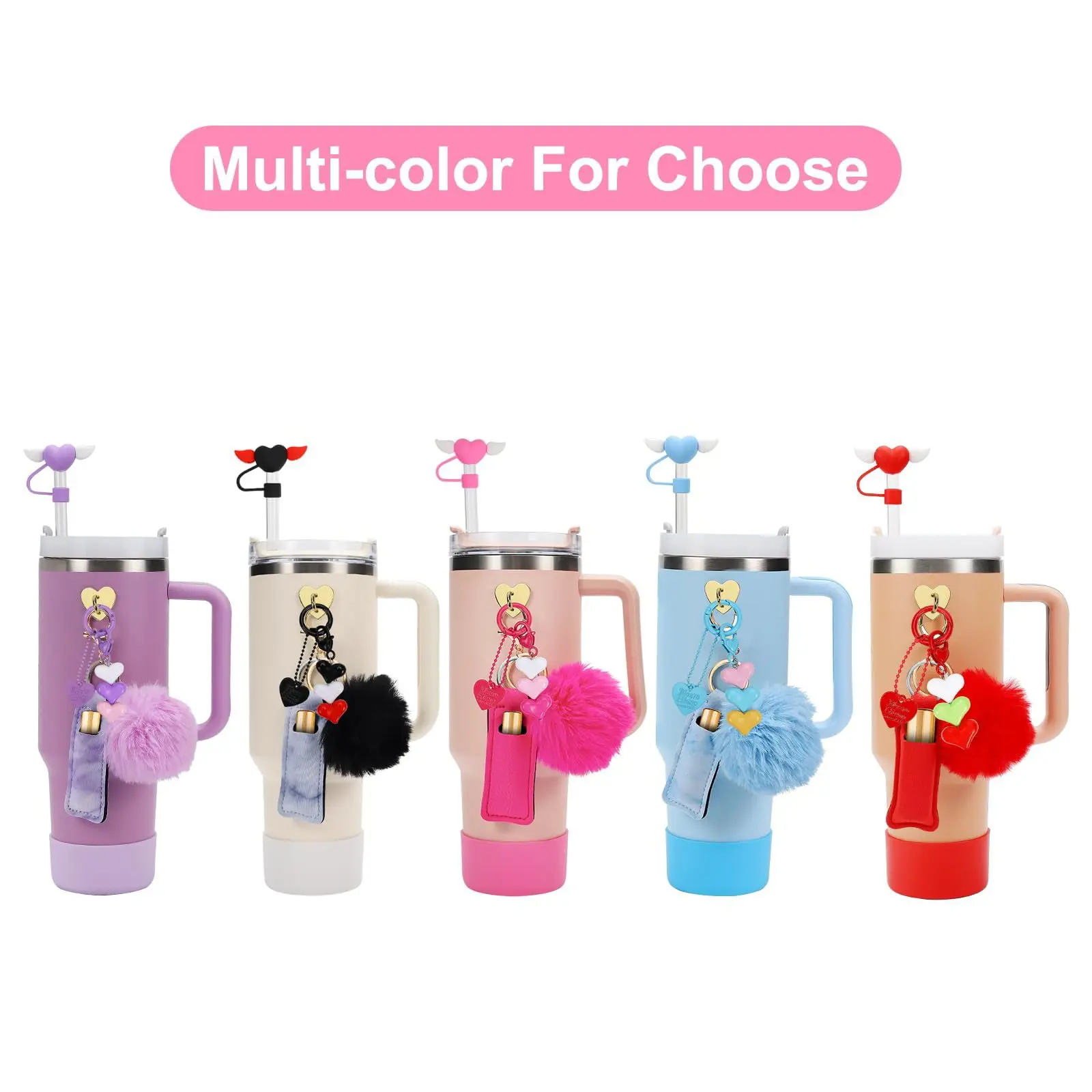 Tumbler Topper Accessories Set 1Pcs Lipstick Holder Love Straw Lid Cup Cover Colorful Imitation Rabbit Fur Ball Pendant