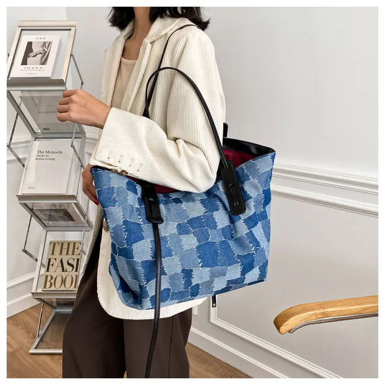 2023 Trendy Handbag Large Capycity Canvas Shoulder Bag Bolso De Mano Hombro Mujer Hot Sell Grid Pattern Oversized Tote Bag
