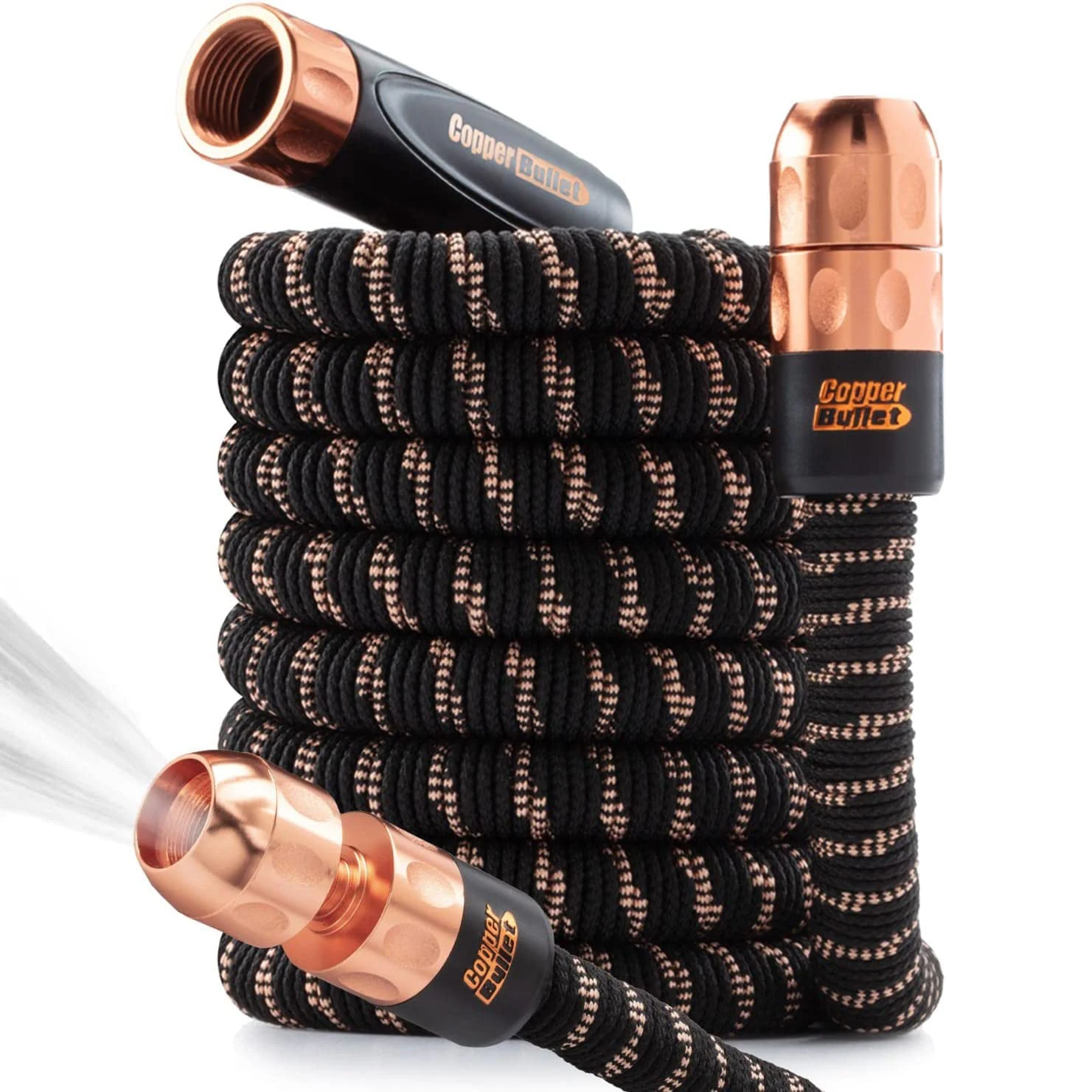 W020  2024 Lightweight No-Kink Garden Hose Expands to 50 ft Turbo Shot Multi-Pattern Nozzle Hose Copper Bullet