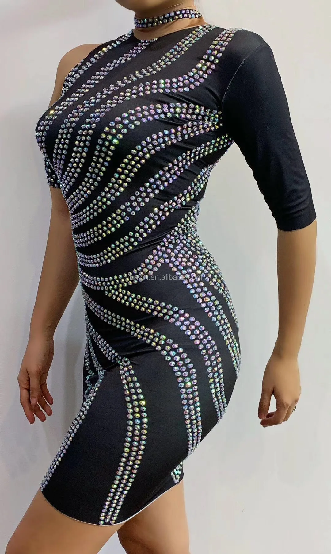 Women Sexy Stage Shining Sliver Rhinestone Dress Birthday Prom Celebrate Long Sleeves Dress Evening Dance Stretch Costume