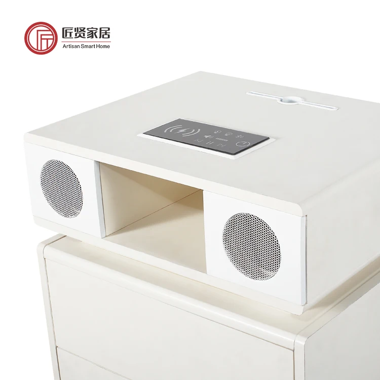 Nordic White Multifunctional RGB Atmosphere Light Wireless Charging Speaker Smart Nightstand Bedside Table Night Stand