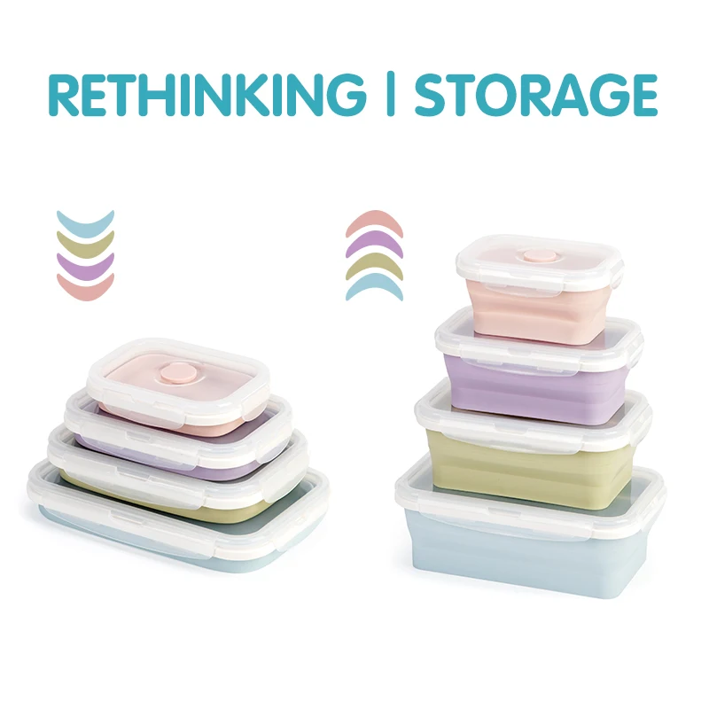 Kitchen Oven Safe Transparent Airtight Silicone Food Container Jelly Color Silicone Folding Bento Lunch Box