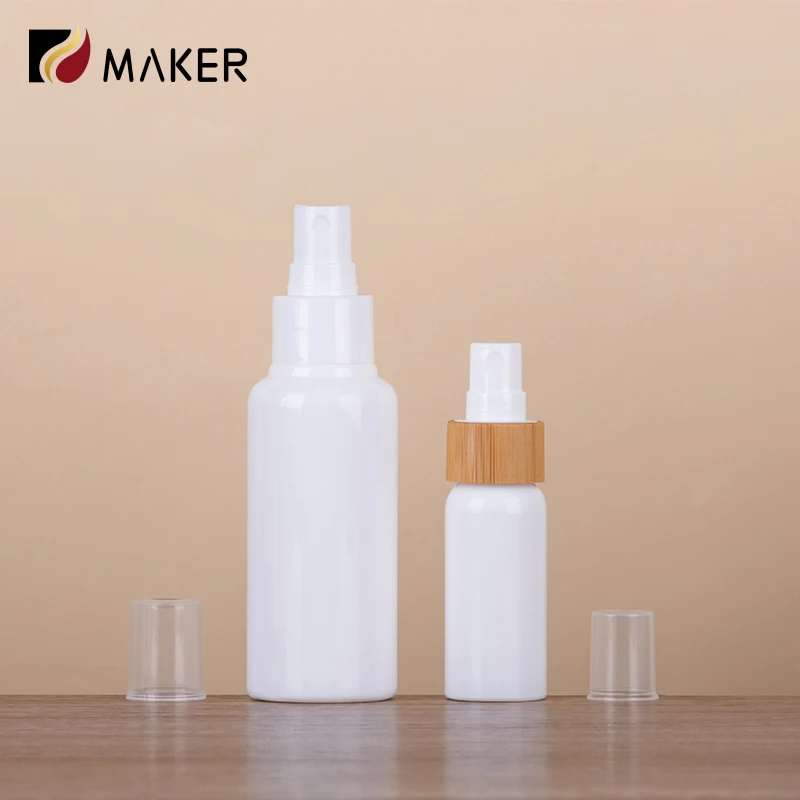 Bamboo Wood PET Plastic Pump Head Cosmetics Toner Emulsion Lotion Dispenser 50ml 60ml 100ml White Plastic Press Spray  Bottle