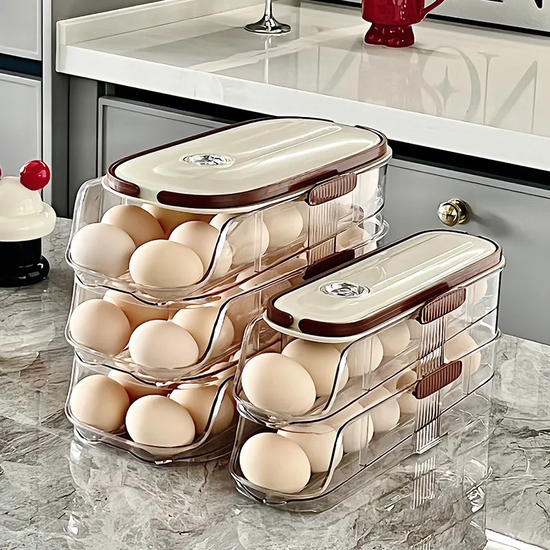 OWNSWING Egg Holder For Fridge Automatic Scrolling Egg Dispenser For Refrigerator Clear Egg Holder For Kitchen Storage With Lid