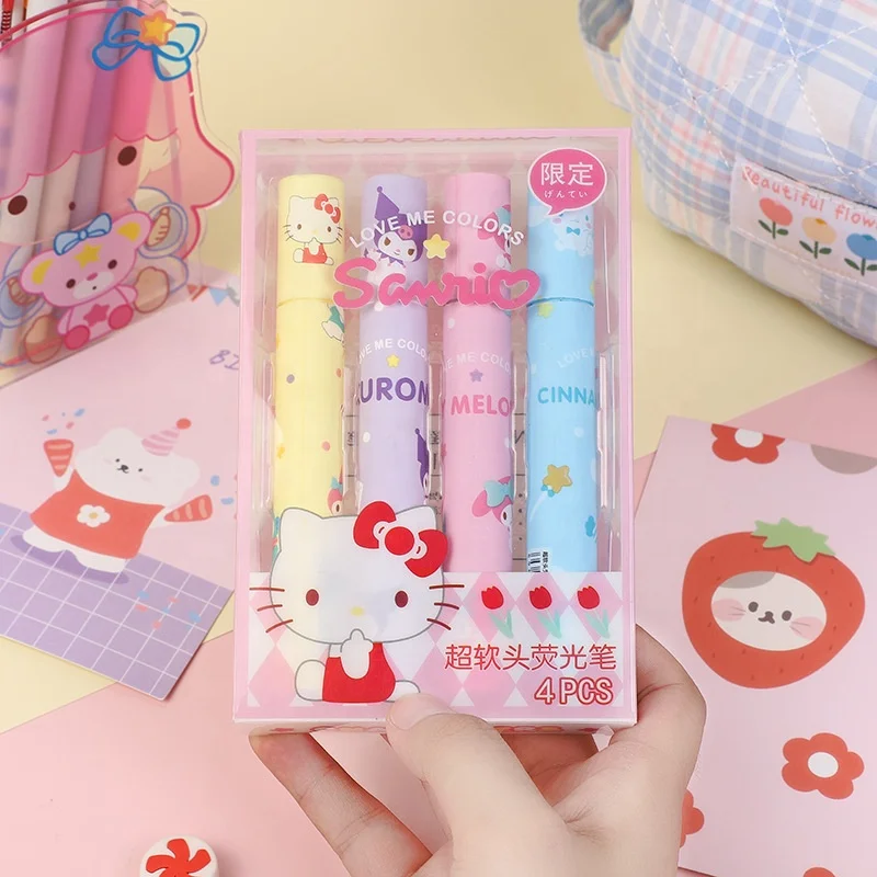 Kawaii school big head dual tip 4 color candy highlighter pen set for kids