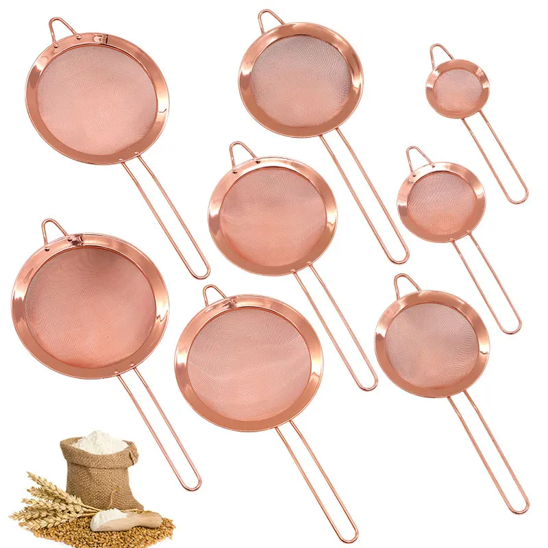 Rose Gold Fine Mesh Strainer 8 Pieces Set, Copper Flour Sifter For Baking, Stainless Steel Clander