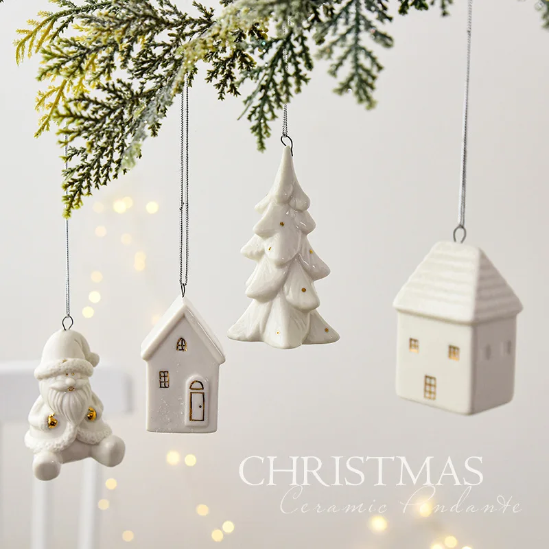 Pure White Cute Little House Christmas Tree Decor Ornaments Ceramic White House Santa Small Holiday Ornaments