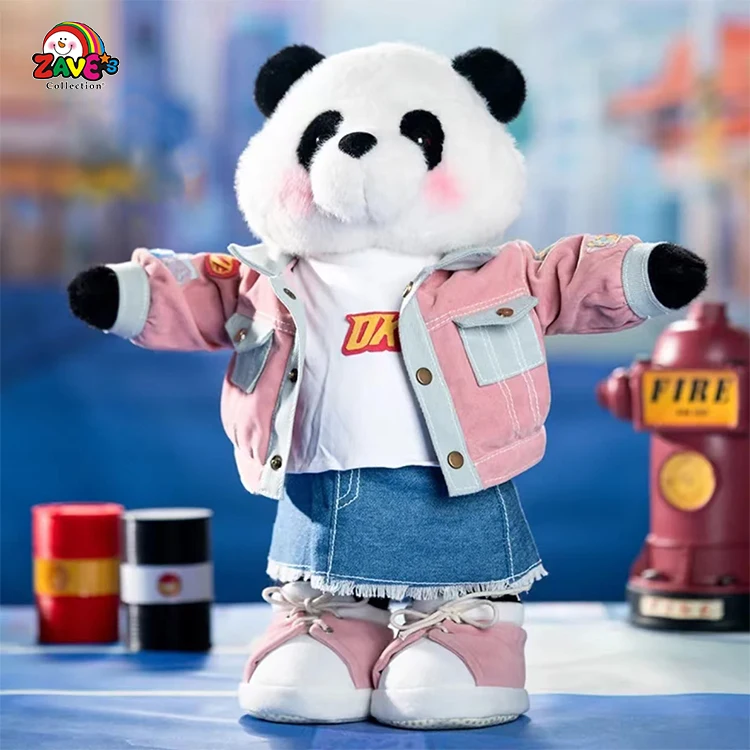 Zaves 15.5 Inch Standing Panda Plush Doll Pink Denim Dress Play Exhibit Black White Fabric Skin Friendly Novelty Gift