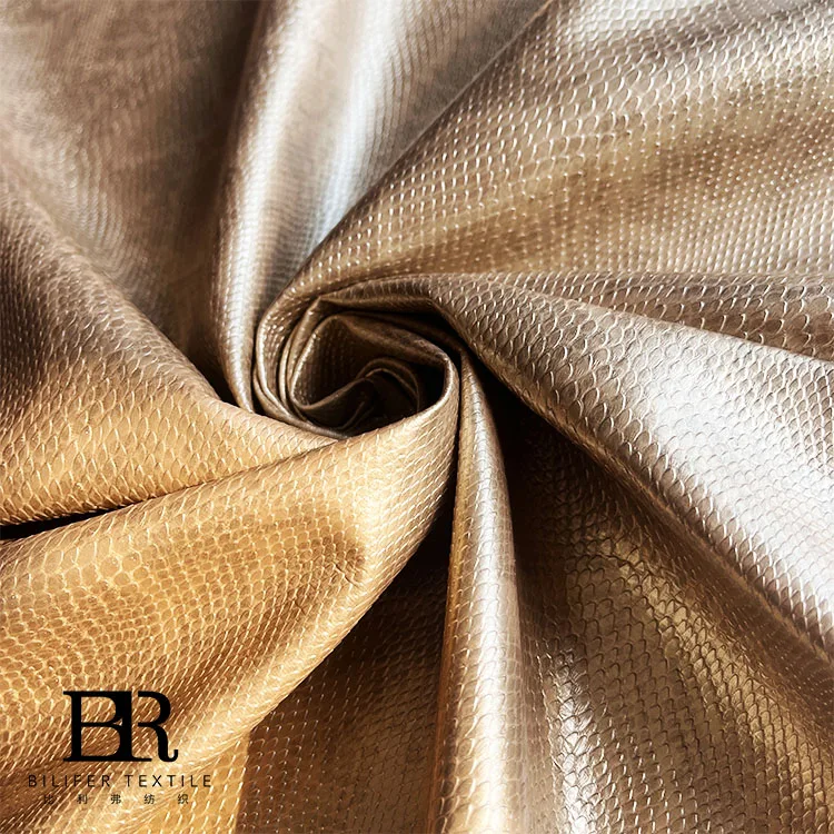 Manufacturer custom Snake metallic print embossed pu garment synthetic leather for making clothing for trousers for skirts