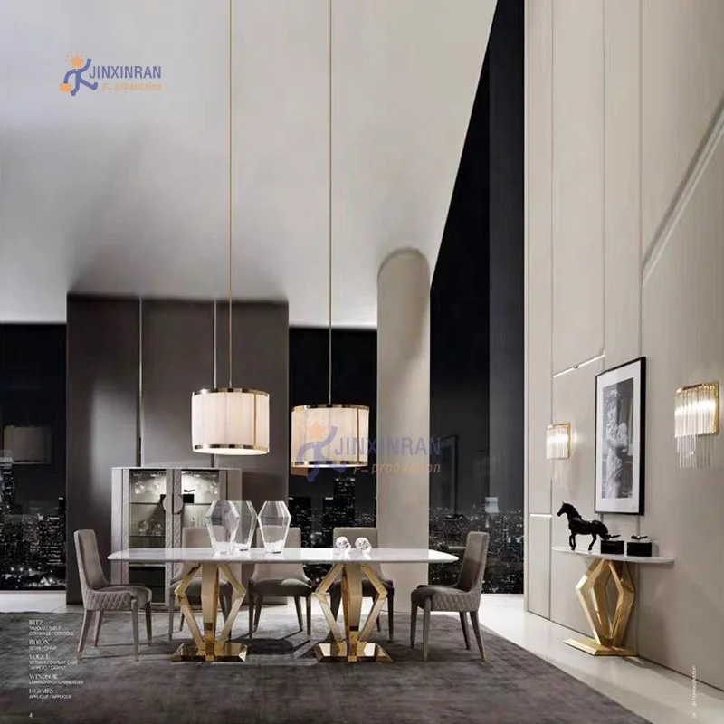 modern style marble top stainless steel luxury dining table set 8 seater with chairs