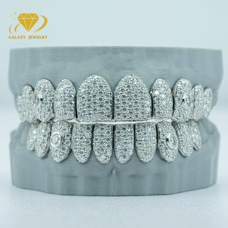 Silver 925 Hip Hop Jewelry Honeycomb Teeth Grilliz With Custom 15 Pointer Stone On Fang Ice Out Moissanite Diamond Grillz