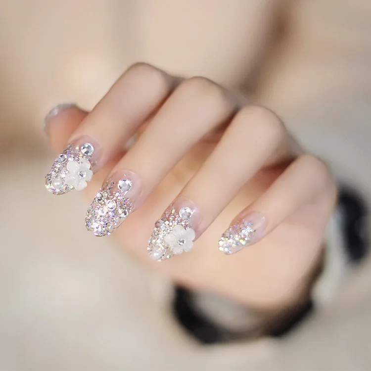 24pcs/box French Oval Purple 3D Diamond Pearls Press on Nails Bridal Nails
