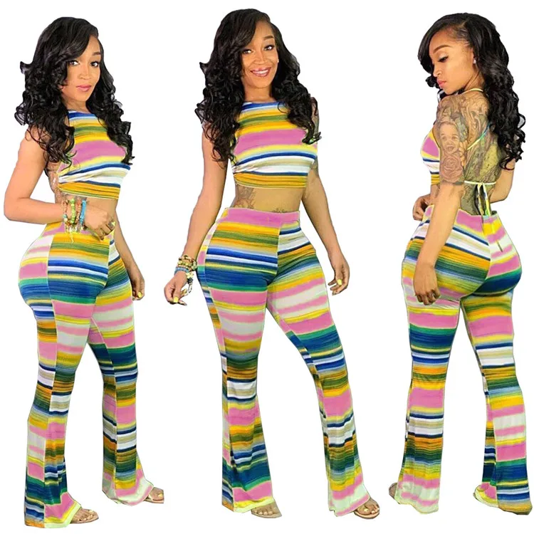 
Women 2 Piece Set Backless Bandage Bell Bottom Stripe Satin Two Piece Set Women Clothing Summer 