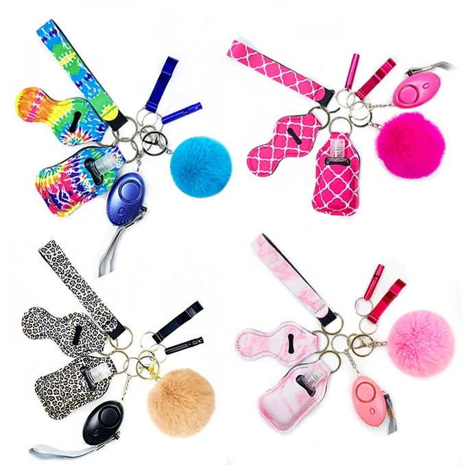 Multi Color matching Faux Furball Sound Alarm Self Defense Keychain Set Sanitizer Chapstick Holder Keyring Sets- 8pcs
