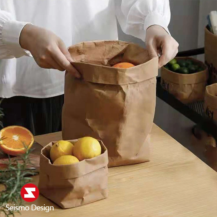 Seismo Packaging Custom Recyclable Paper Bags Waterproof Large Capacity Washable Kraft Paper Kitchen Storage Bag