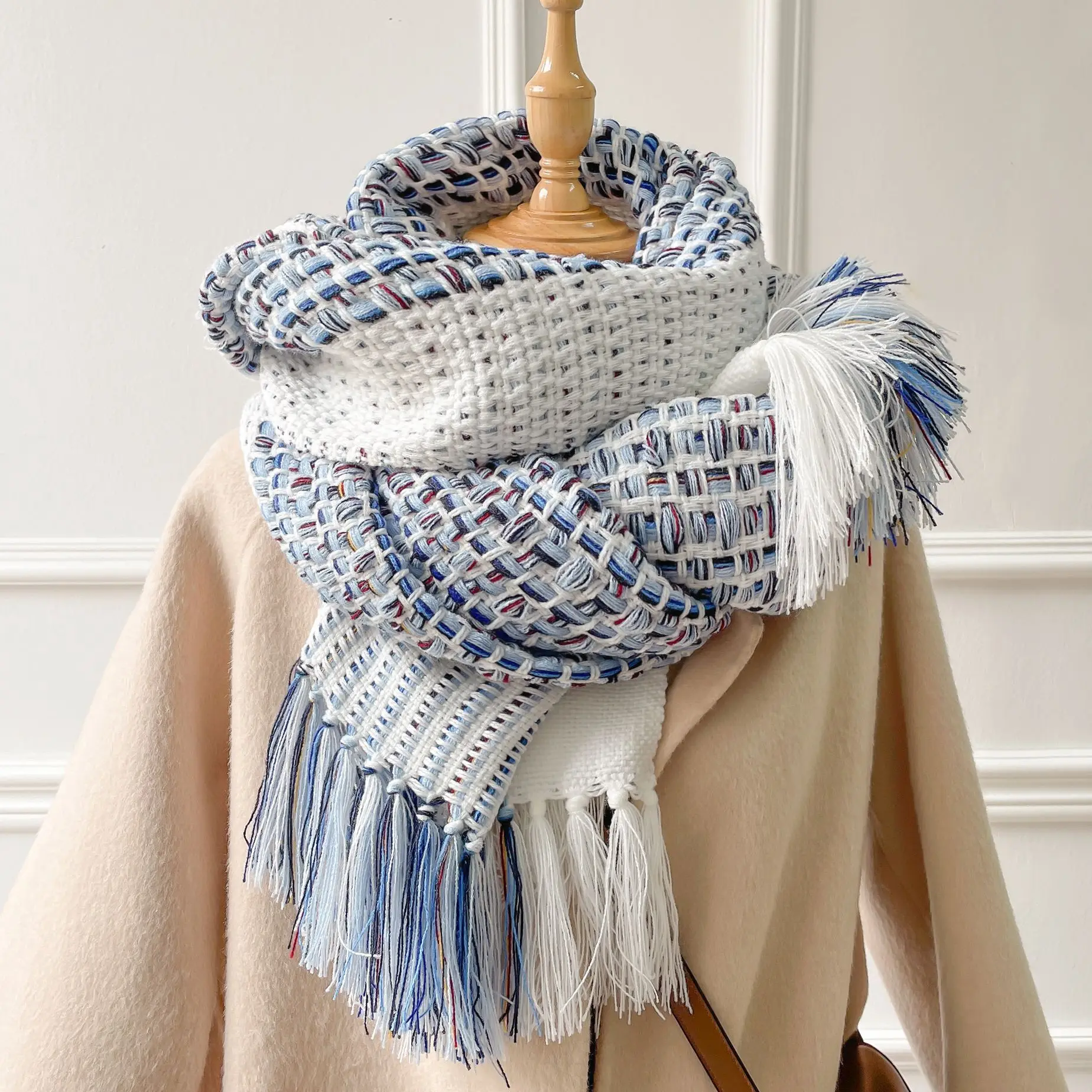 Large Winter Blue Plaid Scarf for Women Warm Pattern Knitted Cape Jacquard Poncho Thick Checkered Shawl Pashmina with Tassels
