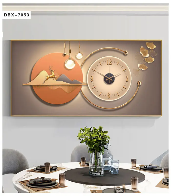 Custom wall clock Nordic style abstract geometry with deer painting wall art Deco living room crystal porcelain painting
