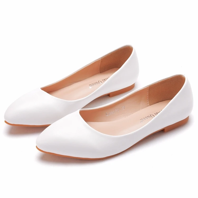 BS079 Women Fashion PU Leather Breathable White Bridal Wedding Shoes Women Boat Shoes Ballerina Ladies Casual Flat Heels