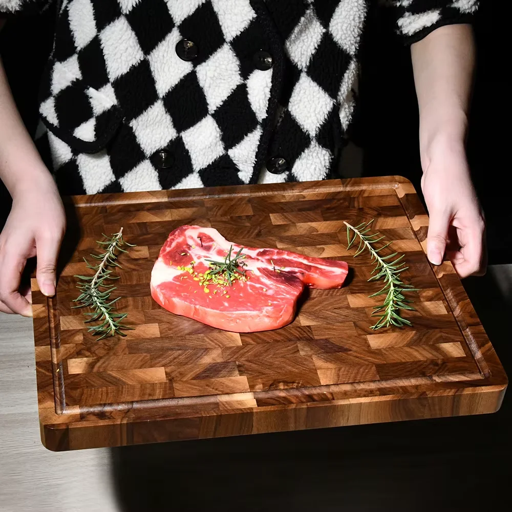 Eco-Friendly Extra Thick End Grain Natural Black Walnut Wood Cutting Board Chopping Blocks with Deep Juice Groove for Kitchen