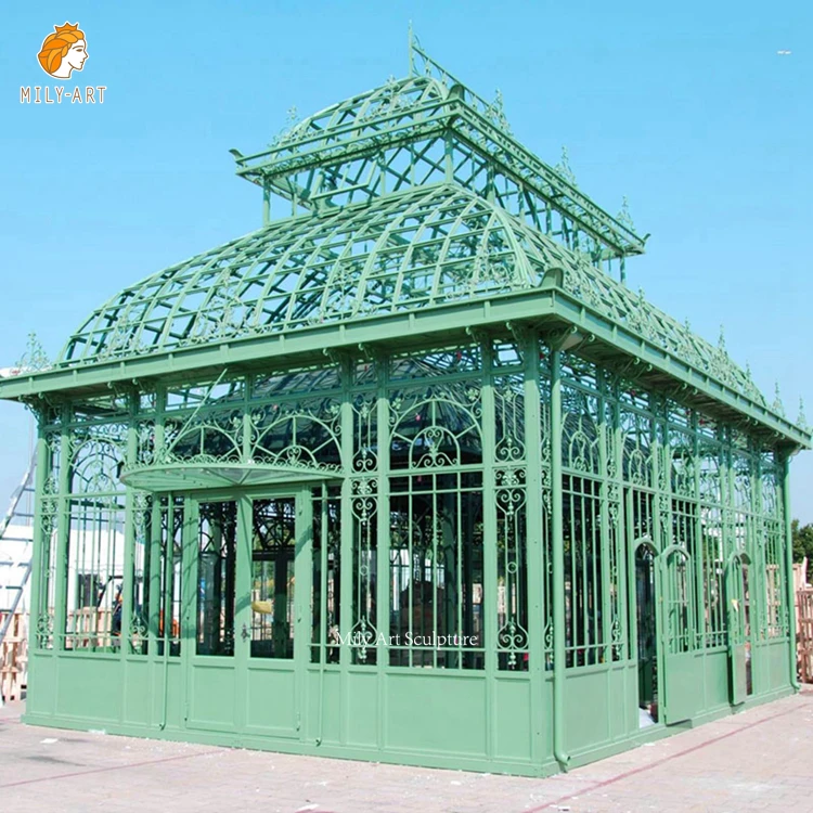 Large Garden Outdoor Luxury Metal Pavilion Glass Room Wrought Iron Gazebo Greenhouse