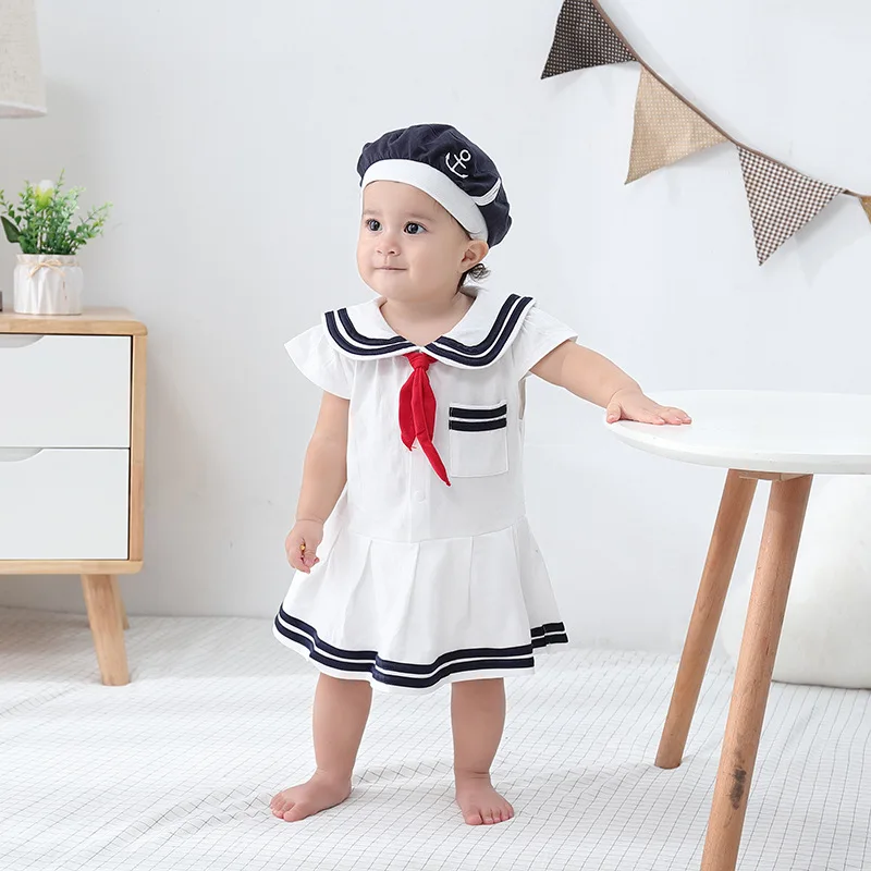 Fashion Summer Navy Style Clothes Baby Boys Sailor Costume with Hat for 0-2 Years Old HCFB-025
