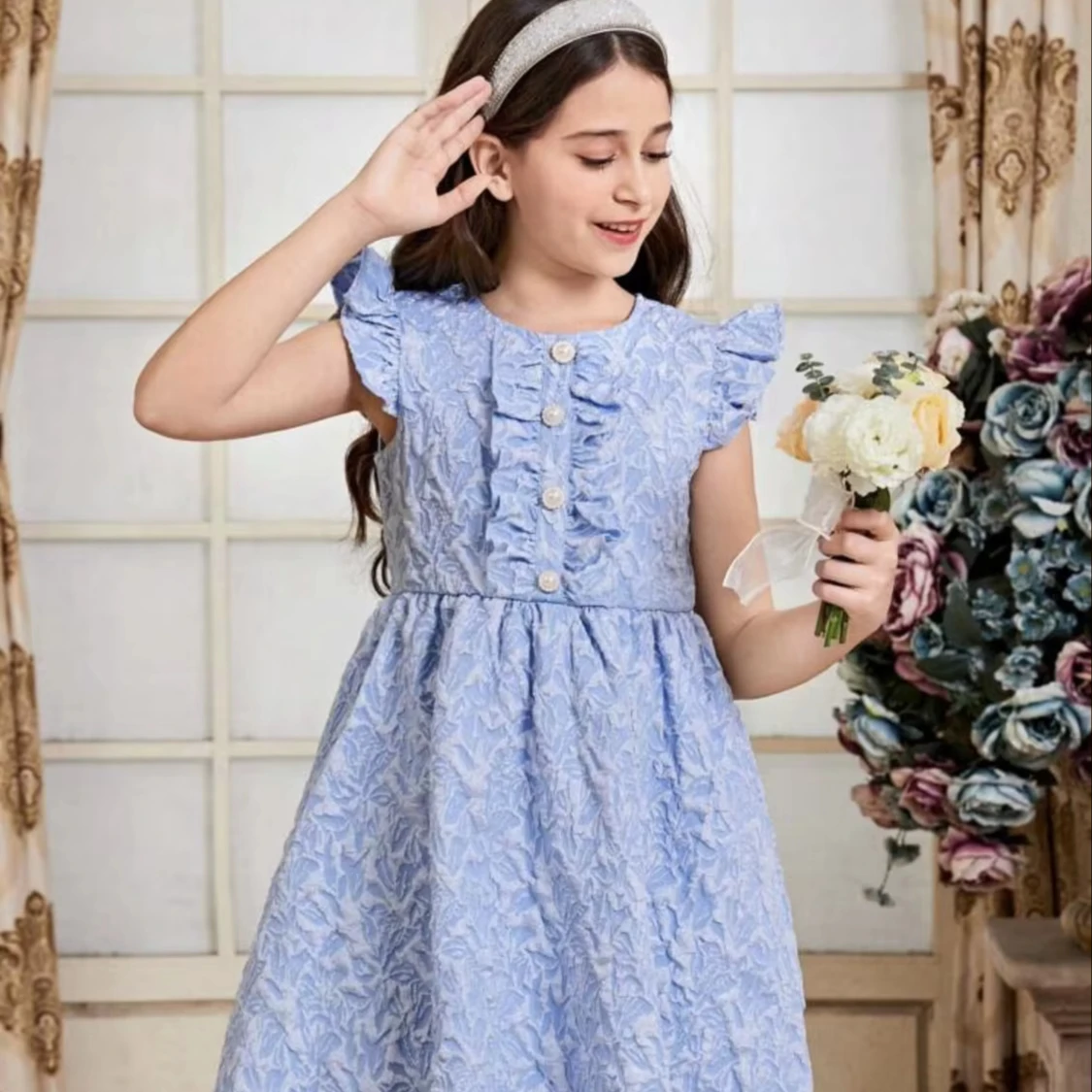 Woven Polyester Floral Jacquard 3D Textured Fukro Jacquard Fabric For Making Children Dresses Party Vacation Holiday Wear