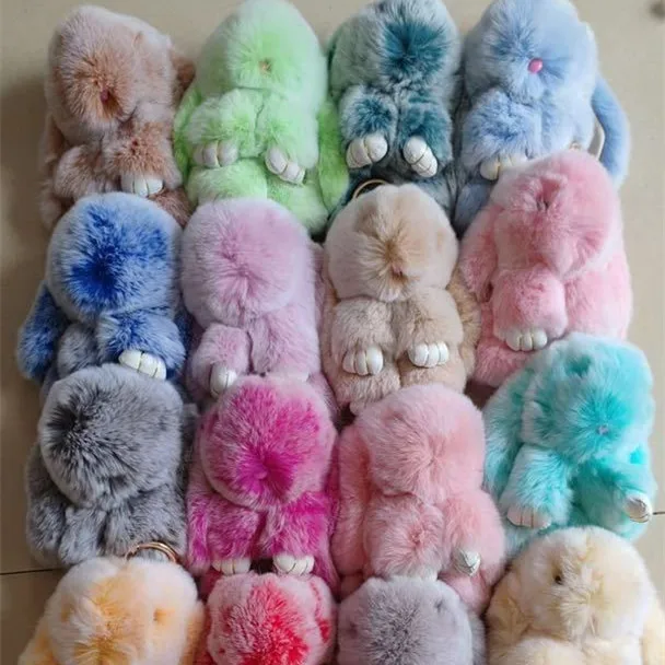 Factory Wholesale High Quality 15cm Fluffy Rabbit Fur Bunny Keyring Rex Rabbit Fur Toy Doll Cute Plush Rabbit Keychain