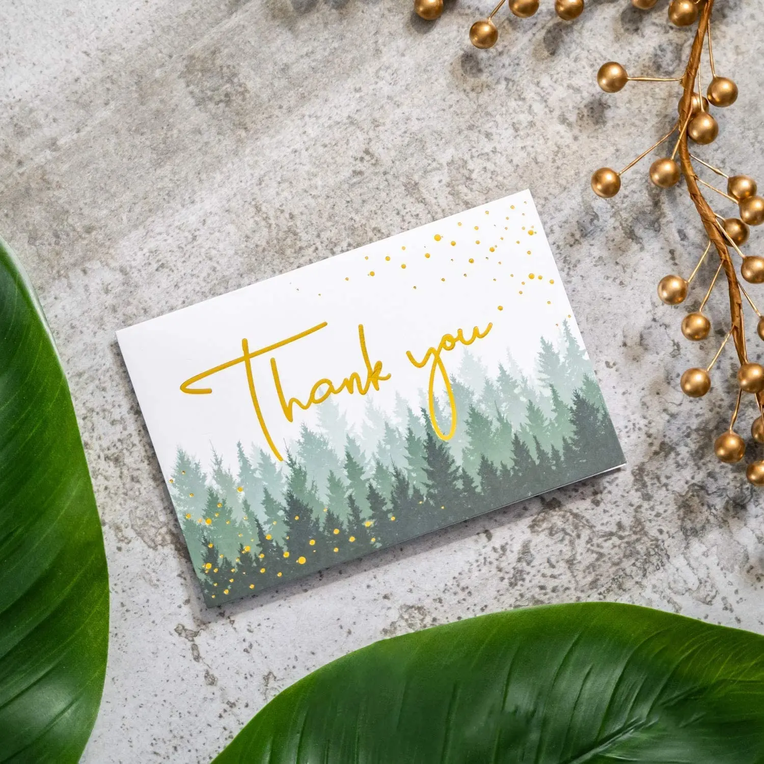 Myway Cards Printing Gold Foil Forest Nature Customised Wedding Baby Shower Thank You Notes Card with Envelopes
