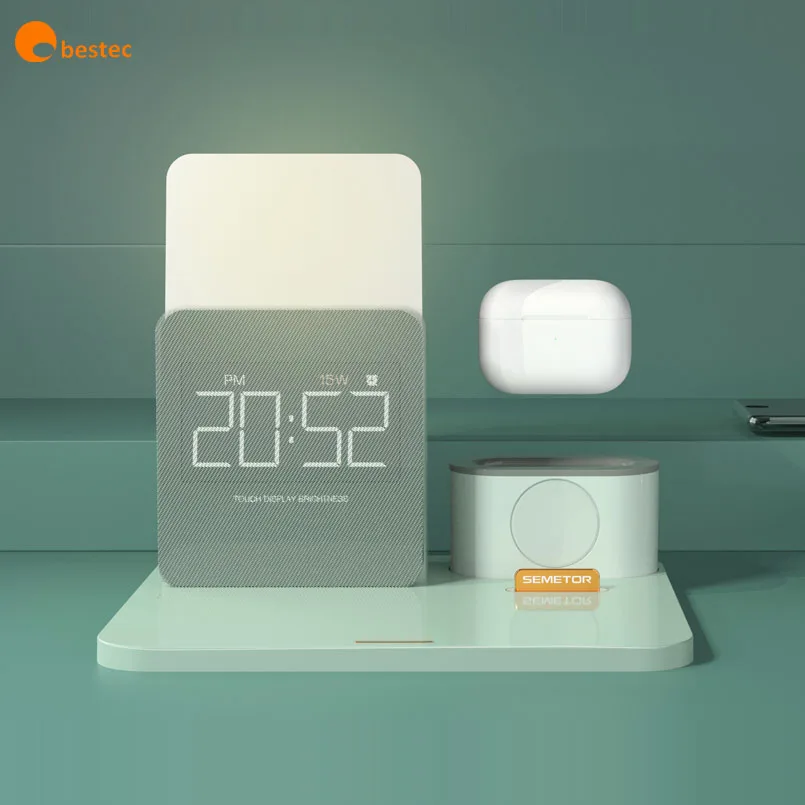 Беспроводное зарядное устройство 8 в 1 с будильником, регулируемый домашний ночник, светодиодный цифровой дисплей, Быстрое беспроводное зарядное устройство Qi, лампа